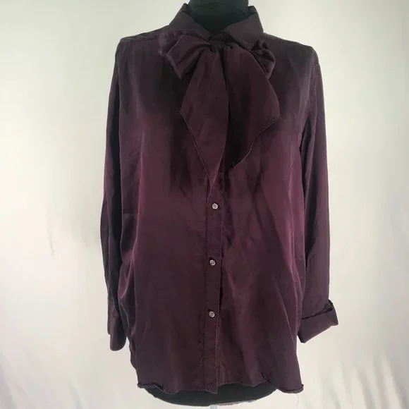 90's Vintage Ralph Lauren Eggplant Purple Silk Pussybow Button Up Blouse - Picture 5 of 12